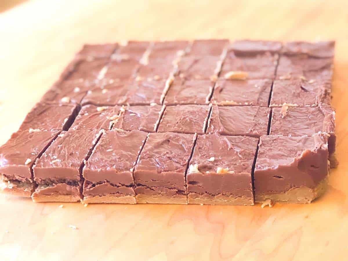 A block of dairy free fudge cut into pieces.