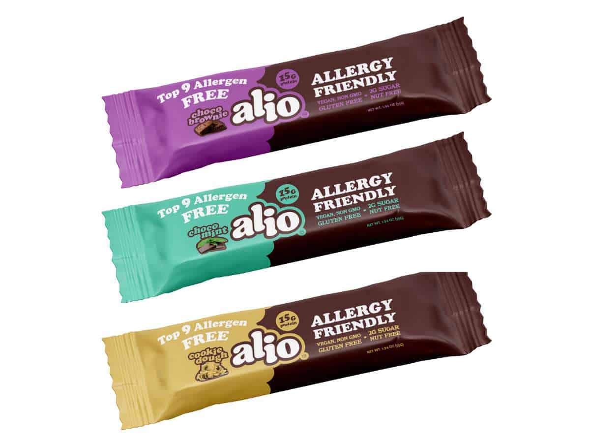A photo of three flavors of Alio allergy friendly nut free protein bars.