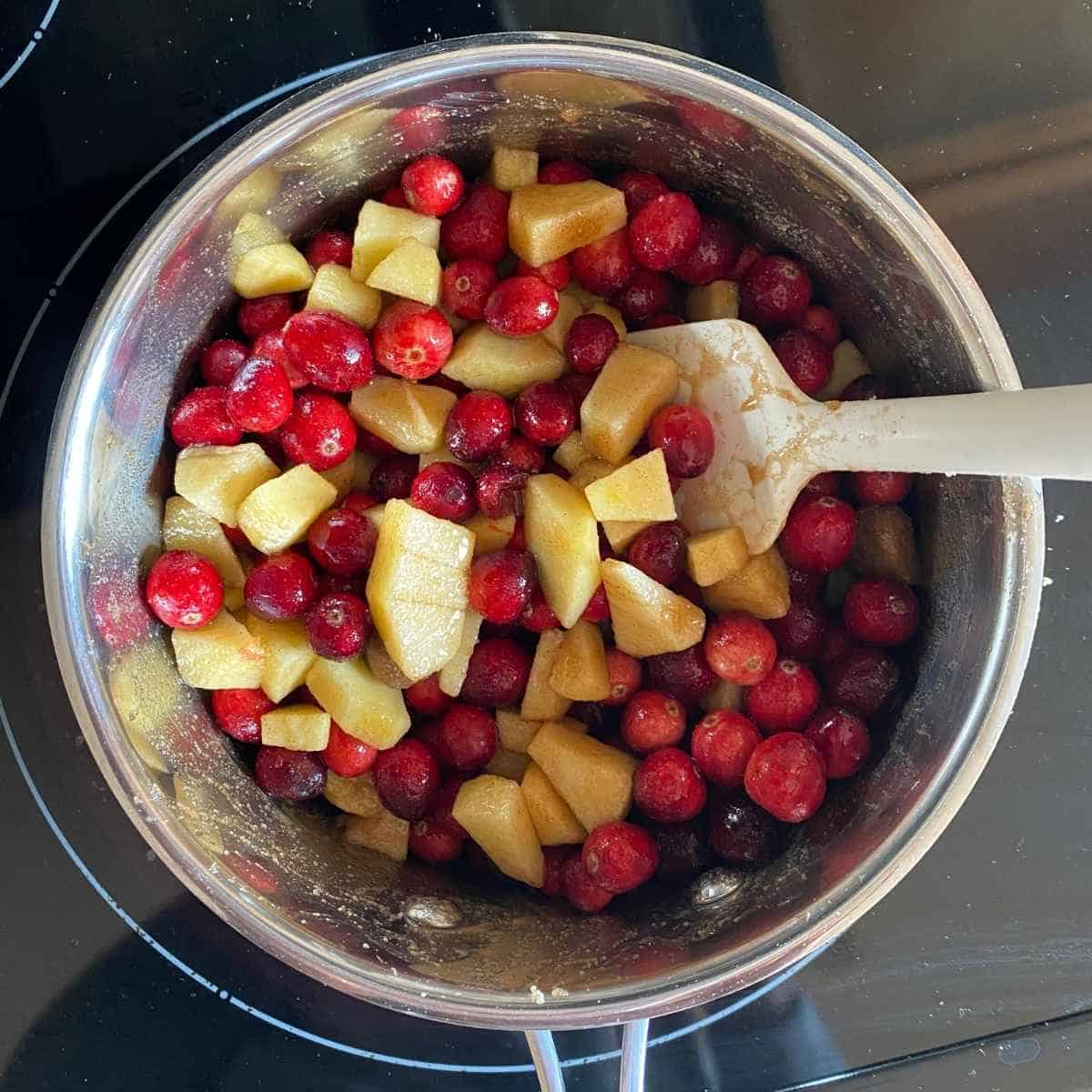 Cranberries, apples, sugar, juice, and spices being stirred in a sauce pan.