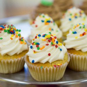 Dairy free butter cream frosting on top of a cupcake