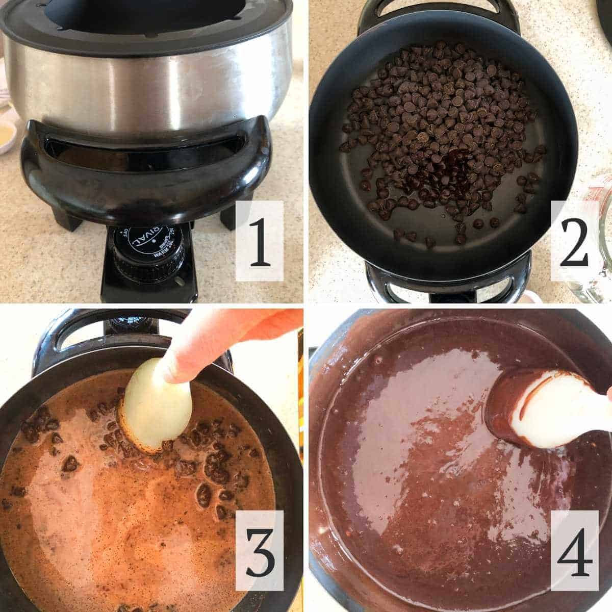 Photos of the four steps for making dairy free chocolate fondue.