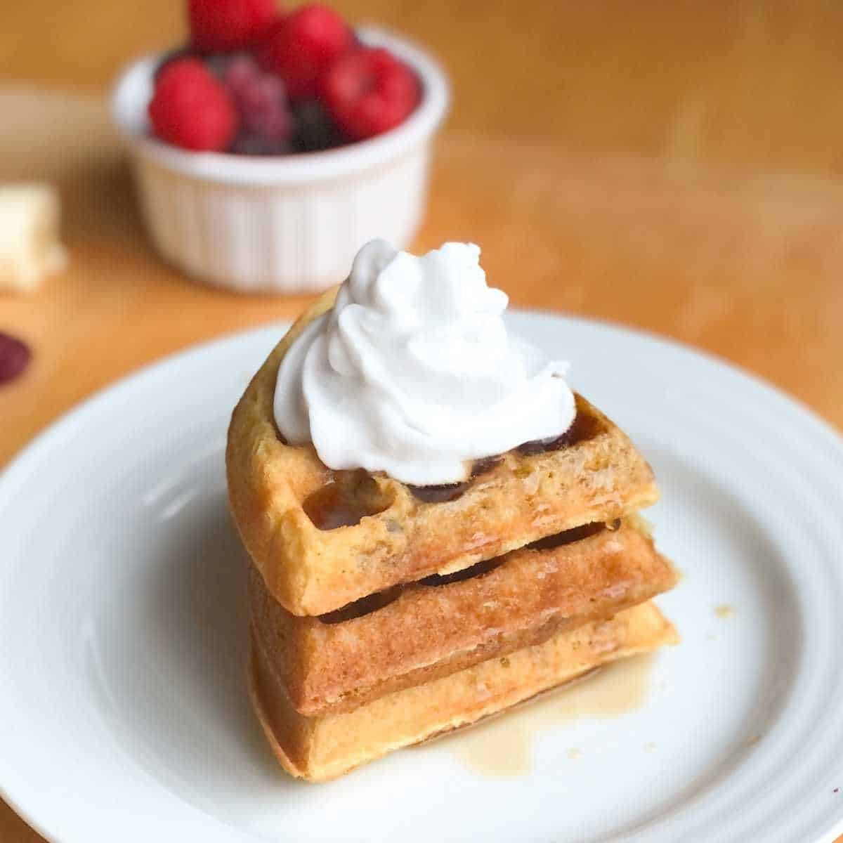 Two dairy free waffles topped with coconut whipped cream and maple syrup.