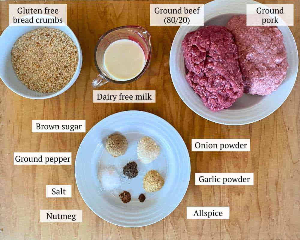 An overhead photo of ingredients needed to make egg free Swedish meatballs.