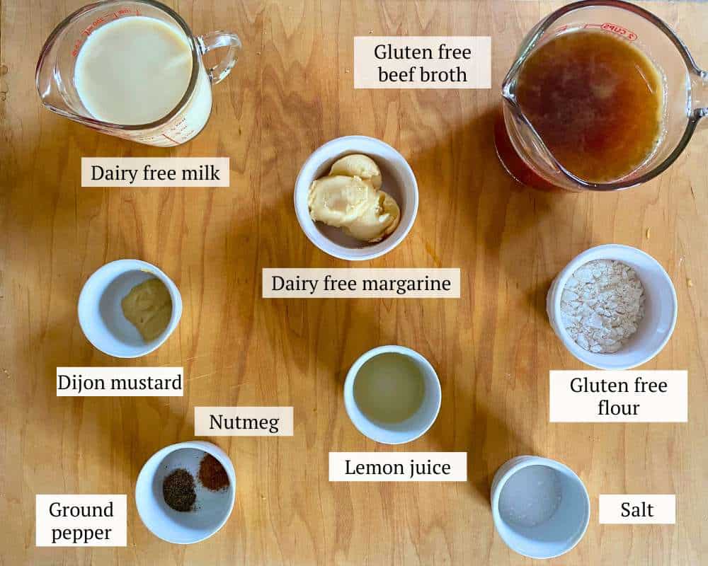An overhead photo of the ingredients needed to make egg free Swedish meatball sauce.