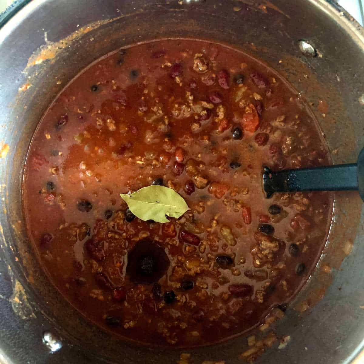 Gluten free chili with the bay leaf and brown sugar added.