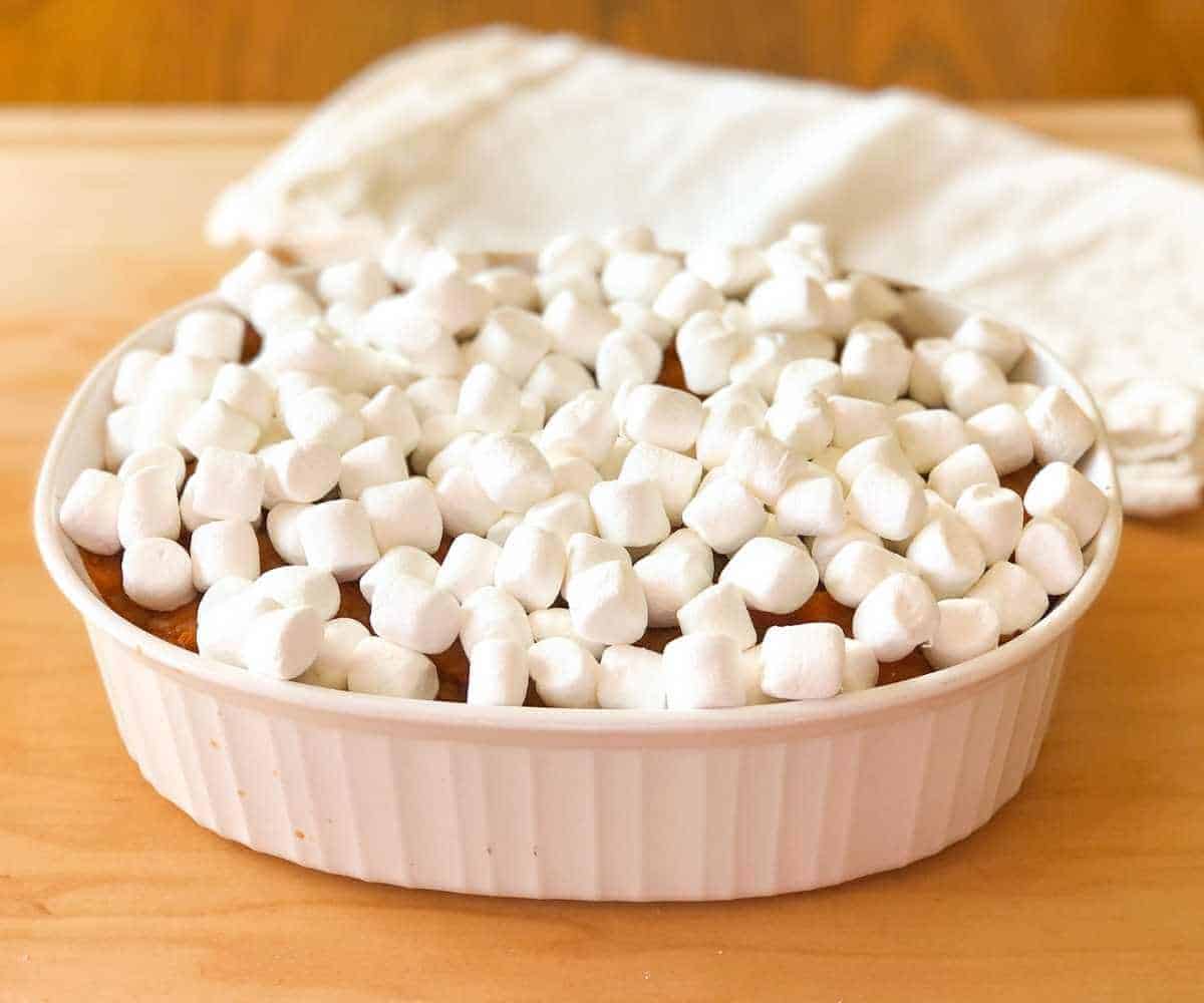 Sweet potato casserole topped with marshmallows