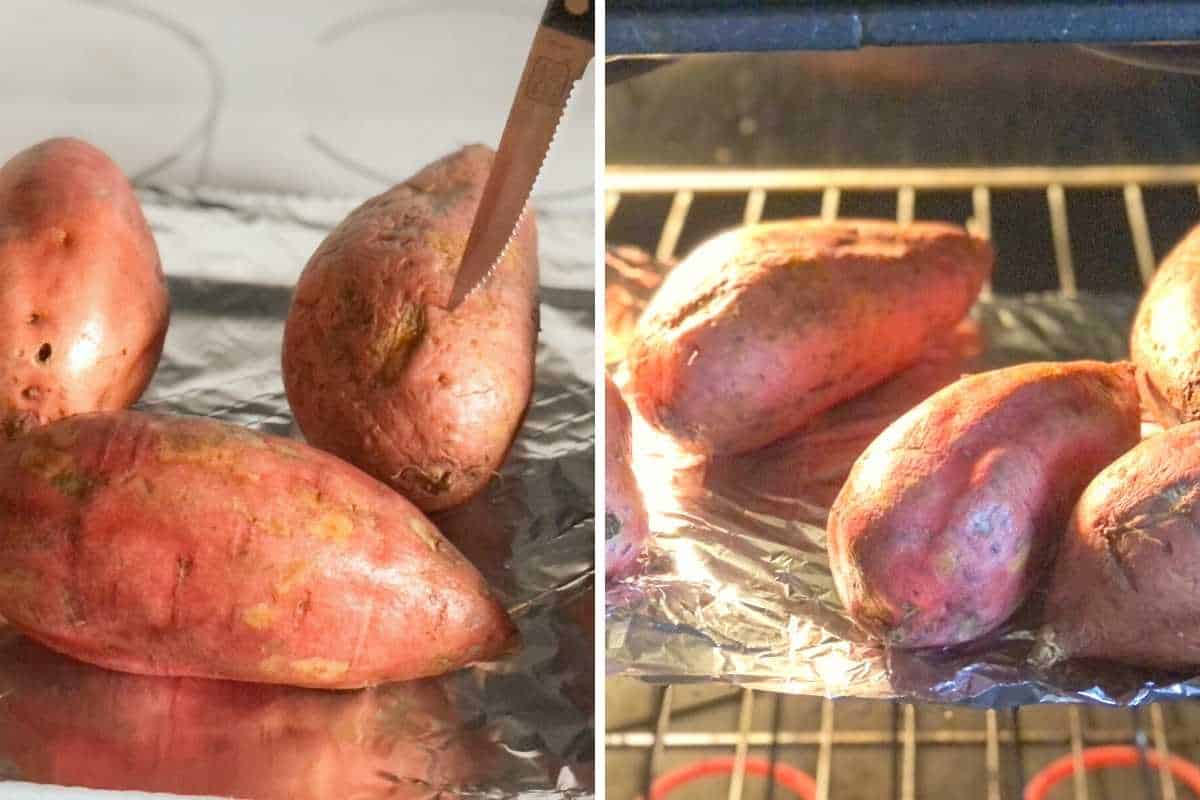 Sweet potatoes being prepared for the oven.