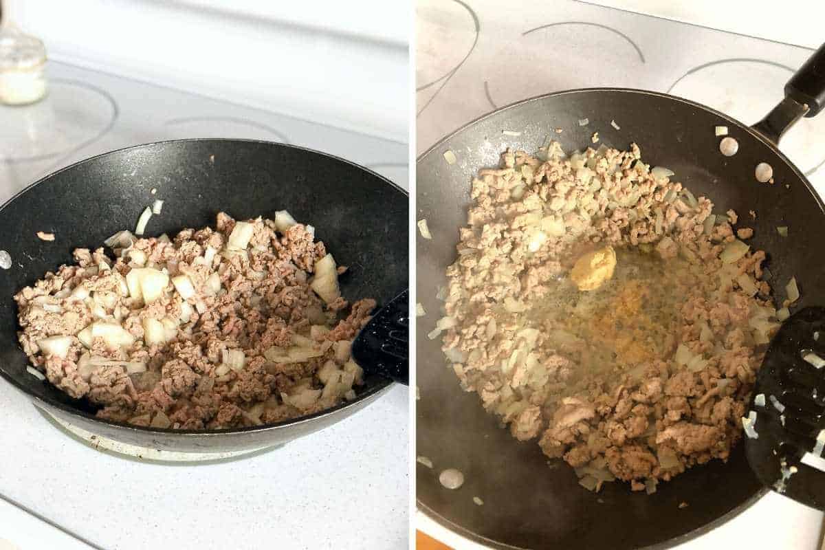 Browning ground turkey and onion and adding ginger paste and garlic.