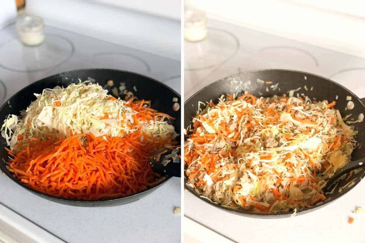 Shredded cabbage and carrots in a wok.