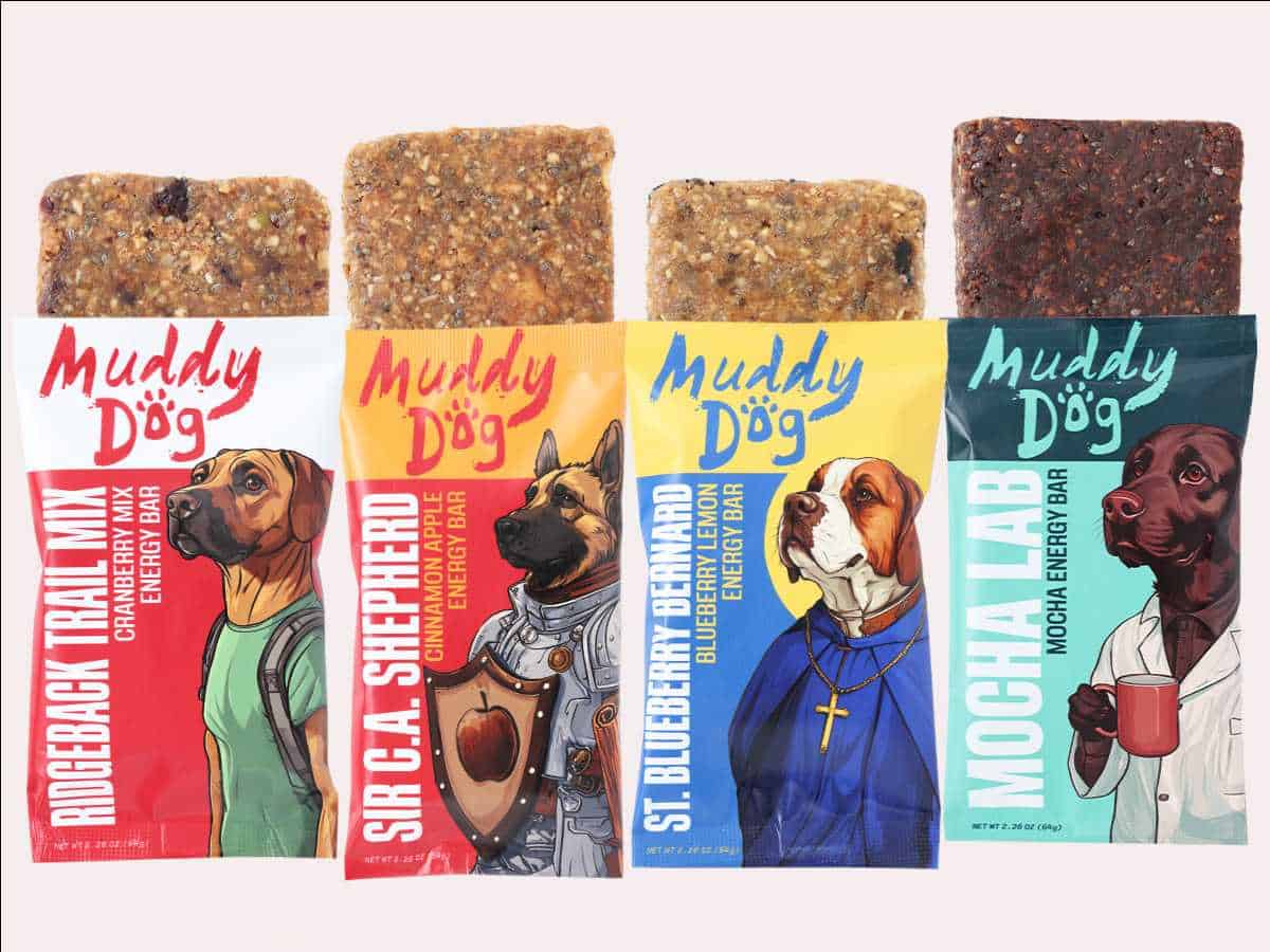 A photo featuring all four flavors of Muddy Dog top 9 free protein bars.