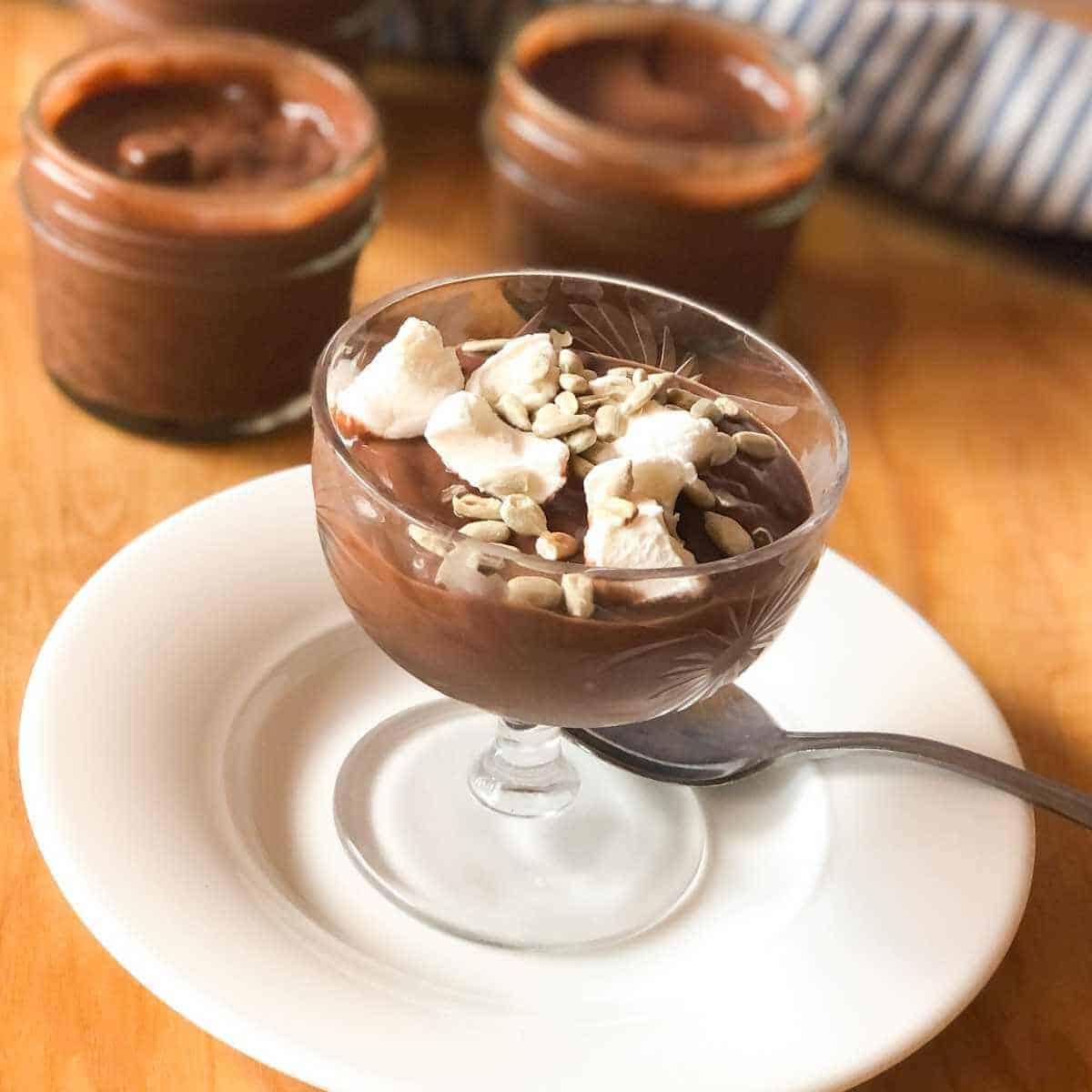 oat milk chocolate pudding in a dessert dish topped with marshmallows and sunflower seeds