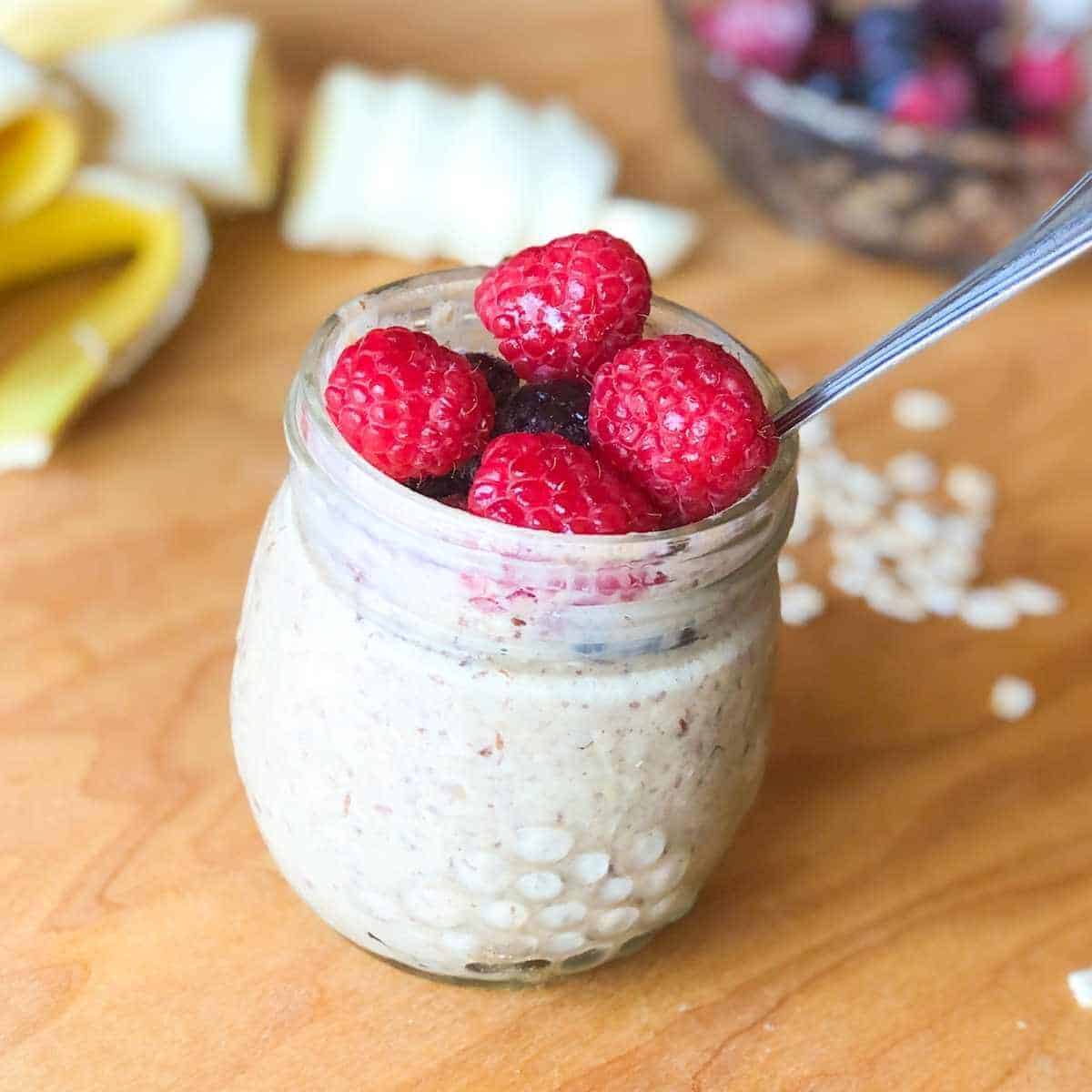 Overnight oats with raspberries on top