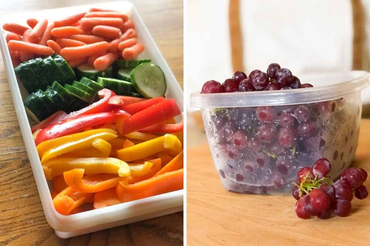 Side by side photos of a veggie tray and a container of washed red grapes.