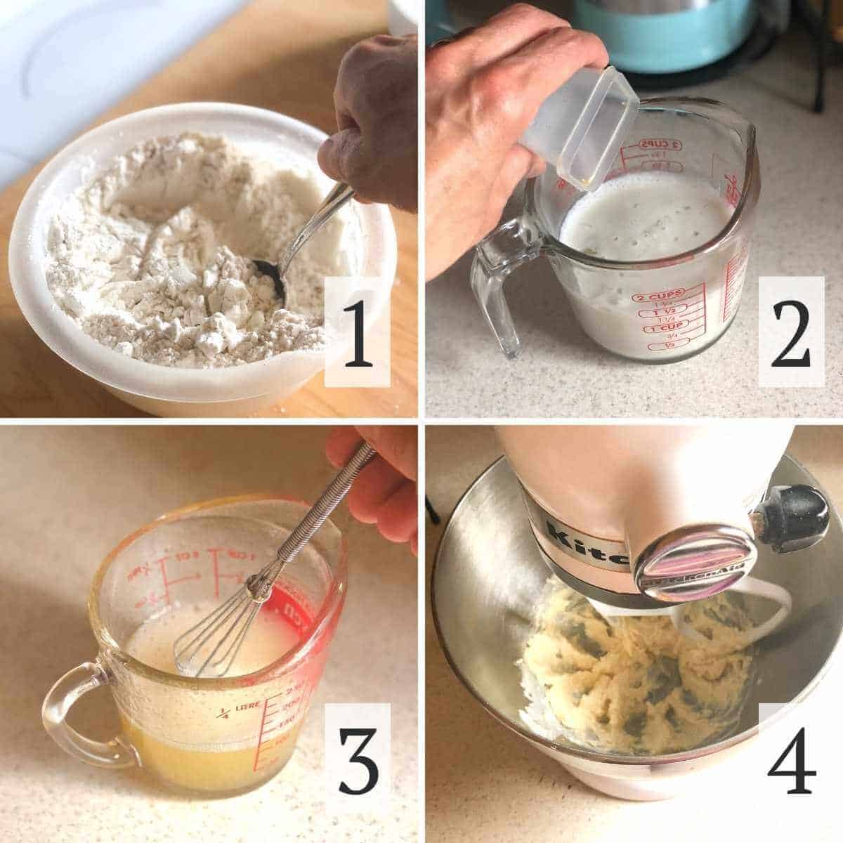 Steps 1 through 4 for making cupcakes including mixing the dry ingredients, measuring the milk, adding the vinegar, measuring the aquafaba, and mixing the margarine.