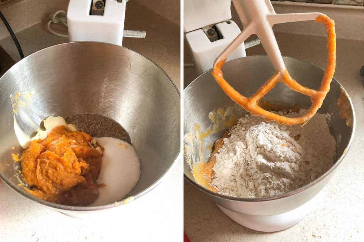 Wet ingredients in a mixing bow with dry ingredients being added