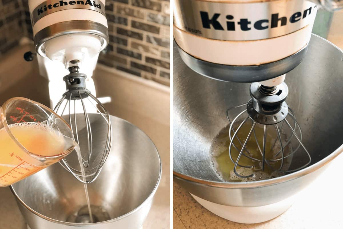 Aquafaba being poured into a mixing bowl and being mixed in a stand mixer.