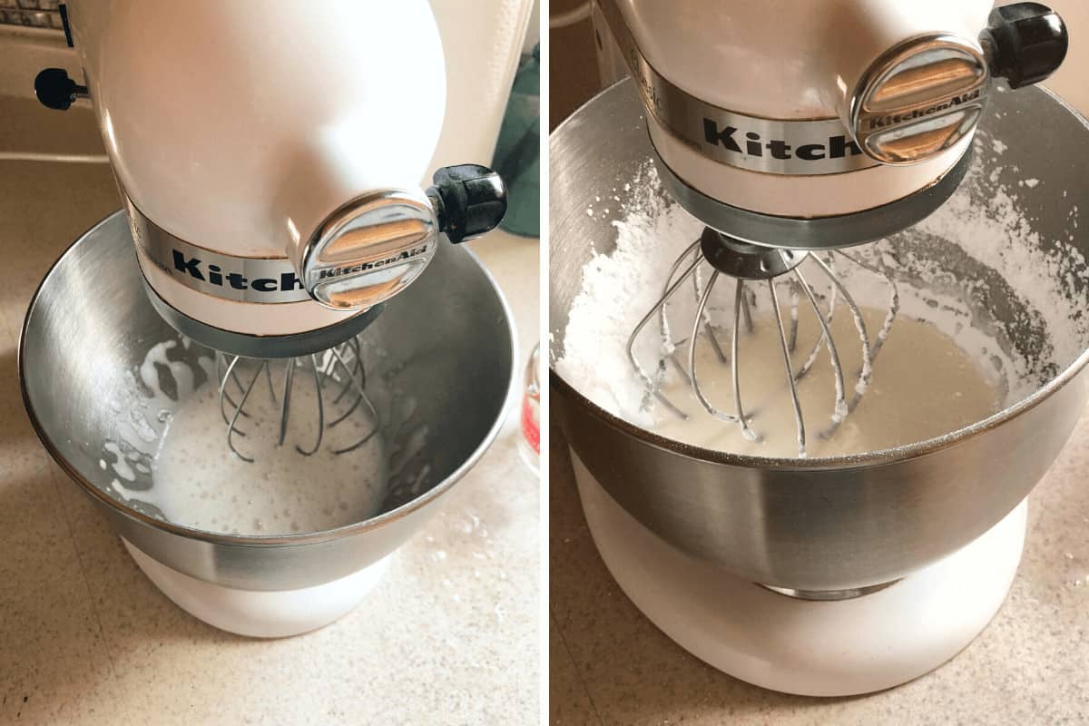 Whipped aquafaba with powdered sugar being mixed in.