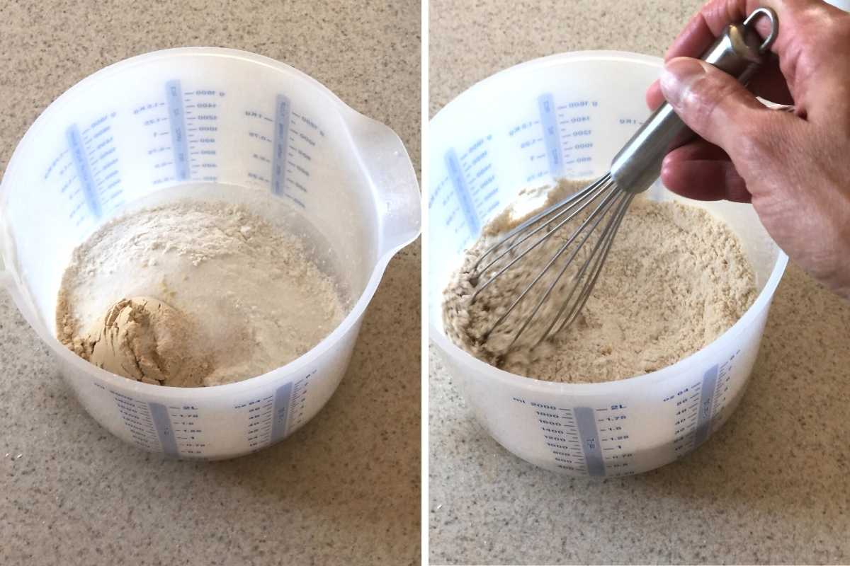 Two images showing the dry ingredients being added to a mixing bowl and mixed.