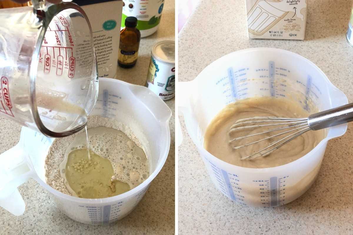 Two images showing wet ingredients added to a mixing bowl and mixed with a whisk.